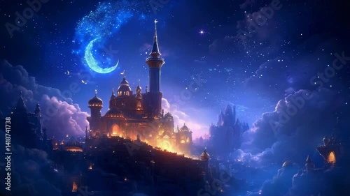 Fabulous Arab palace on the background of the starry night sky with the moon, oriental architecture