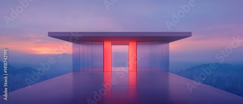 Modern Minimalist Architecture at Sunset: A Panoramic View