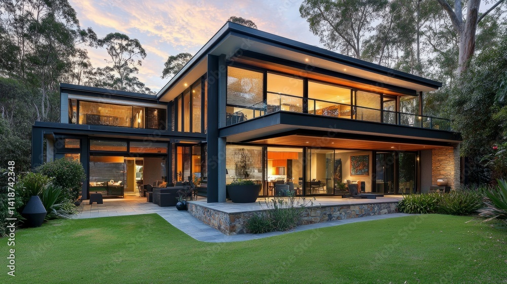 Contemporary villa with smart roller blinds on large glass windows, surrounded by green landscaping and modern touches Contemporary villa with smart roller blinds on large glass windows, surrounded by green landscaping and modern touches