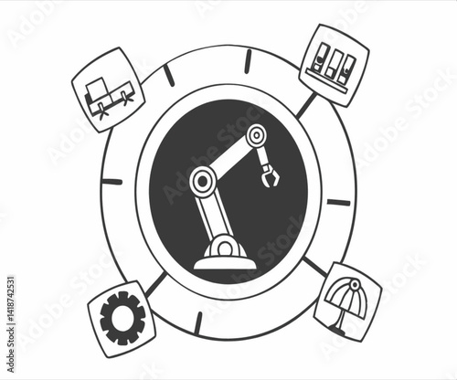 Robotic Arm with Office and Factory Icons – Industrial Automation Concept Vector

