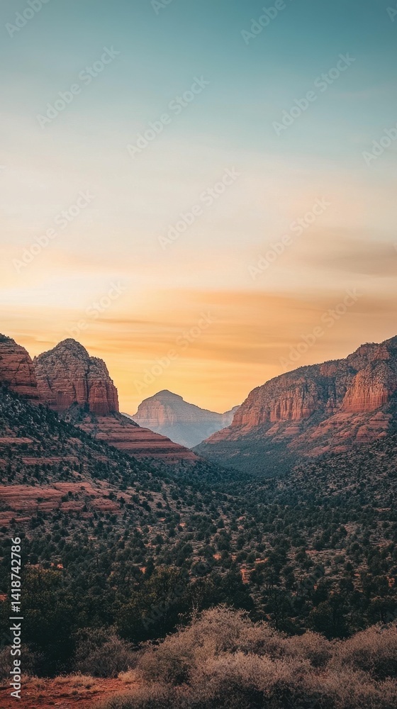 Naklejka premium Sunset illuminates red rock valley, desert vegetation.