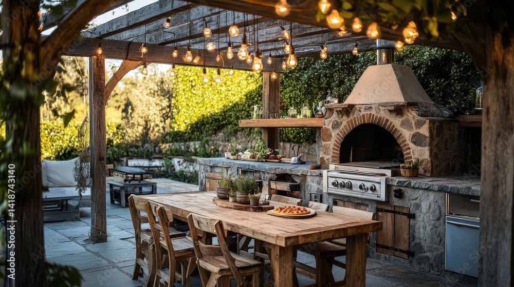 Naklejka premium A beautifully designed outdoor kitchen with a stone pizza oven, wooden dining table, and twinkling string lights overhead, perfect for summer gatherings