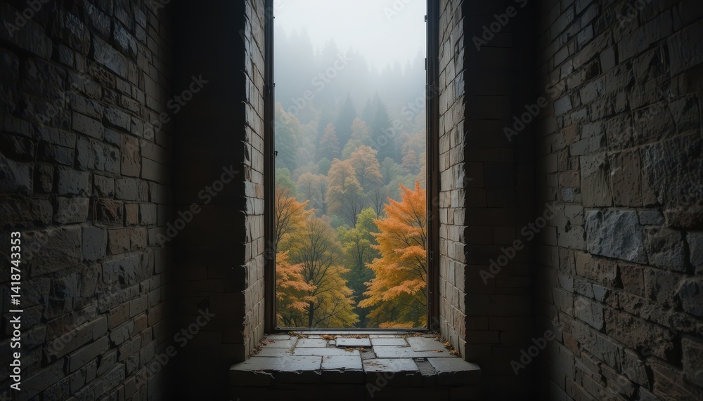 Fototapeta premium Autumnal Forest View Through a Historic Building's Narrow Window