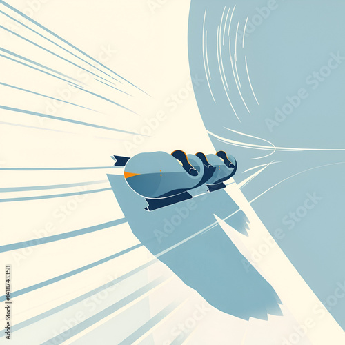 Abstract bobsled team racing down a sleek, minimalist track, with dynamic lines showing speed and motion in a simplified form