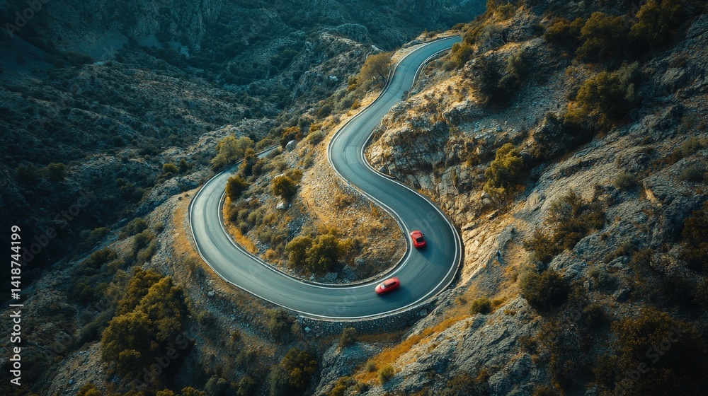 A birds-eye perspective of a winding mountain road with a single car making a sharp turn A birds-eye perspective of a winding mountain road with a single car making a sharp turn