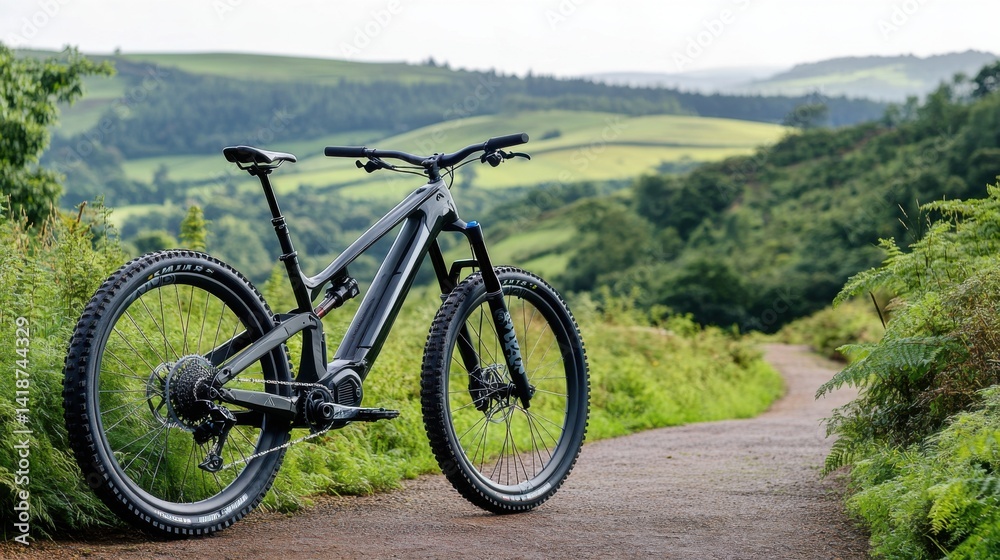 Active Holiday Vibes. Grey Electric Mountain Bike on a Trail Active Holiday Vibes. Grey Electric Mountain Bike on a Trail