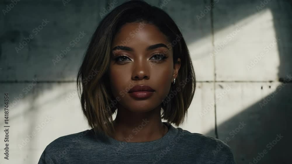Portrait of a stylish woman with bob hairstyle looking directly at the camera against a grey textured wall in a studio setting