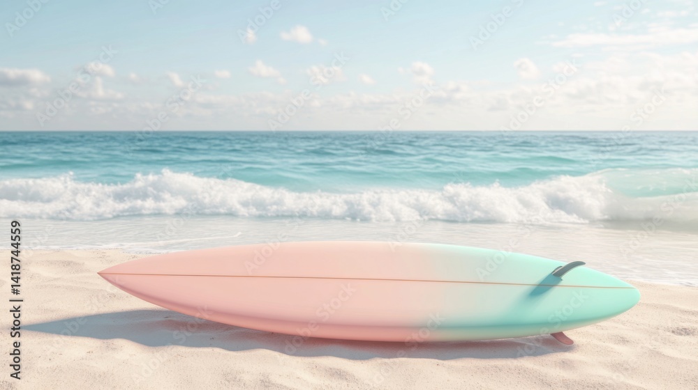Active Holiday Vibes. Pastel Pink and Teal Surfboard on Sandy Beach Under Sunny Sky Active Holiday Vibes. Pastel Pink and Teal Surfboard on Sandy Beach Under Sunny Sky