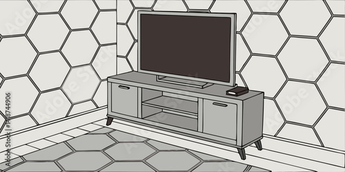Smart Tv Mock up with blank dark black hanging on the cabinet decor on Hexagon pattern wall and floor design. 3d rendering vector ,illustration.

