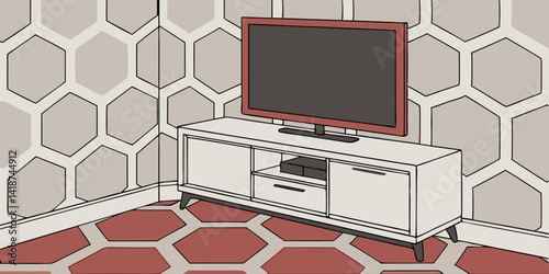 Smart Tv Mock up with blank dark black hanging on the cabinet decor on Hexagon pattern wall and floor design. 3d rendering vector ,illustration.
