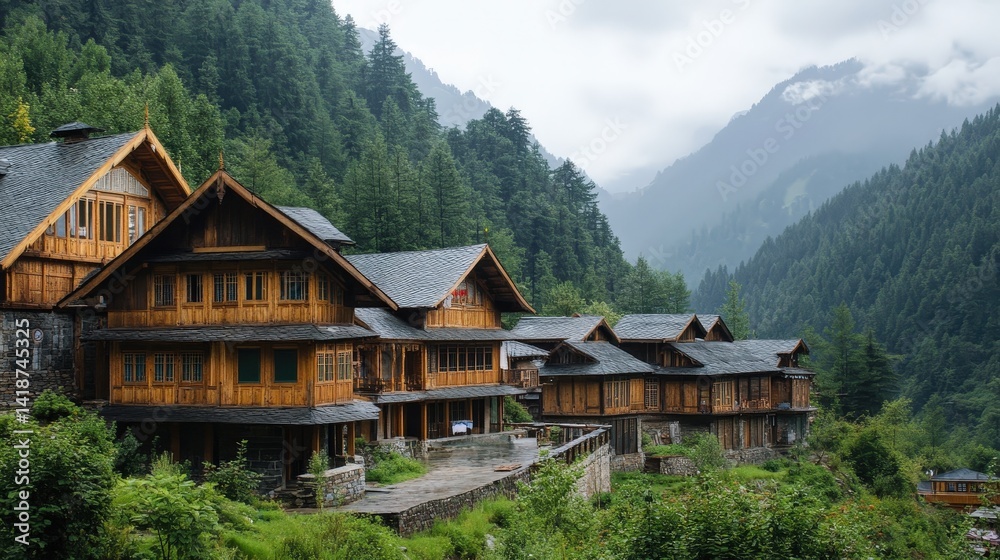 A boarding school building nestled in the mountains, featuring traditional wooden architecture A boarding school building nestled in the mountains, featuring traditional wooden architecture