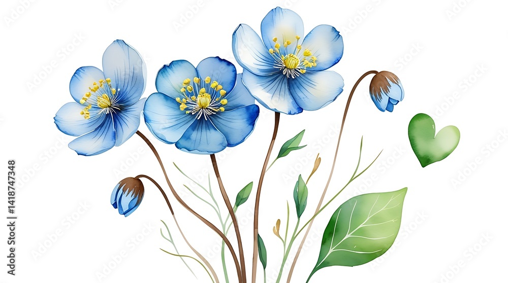 Obraz premium water color flower, blue flower isolated on white background, green leaves isolated on white background