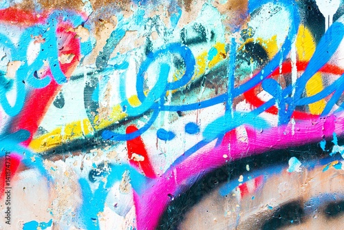 Vibrant urban graffiti with neon blue, pink, yellow. Modern 2000s, Y2K style, abstract design, colorful splashes. Street art, urban decor, creative banner, digital art.