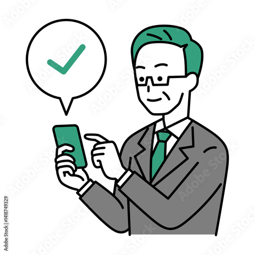 スマートフォンでチェックする中年のスーツの男性