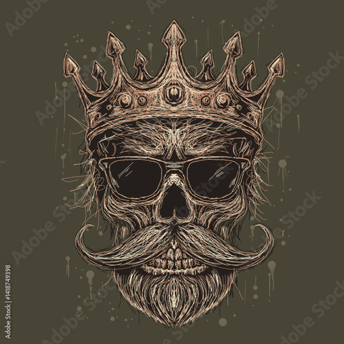 The scribble art vector skull head wearing king crown and glasses