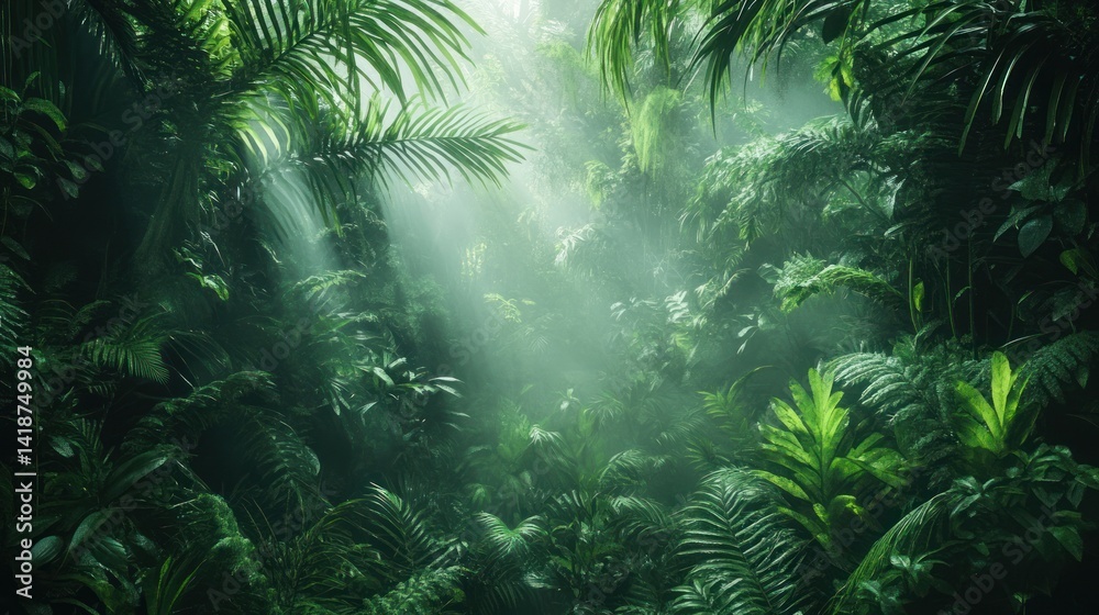 Lush Tropical Rainforest, Sunbeams Through Canopy Lush Tropical Rainforest, Sunbeams Through Canopy