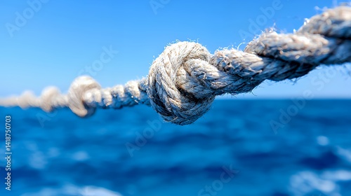 Close up knotted rope over azure ocean water