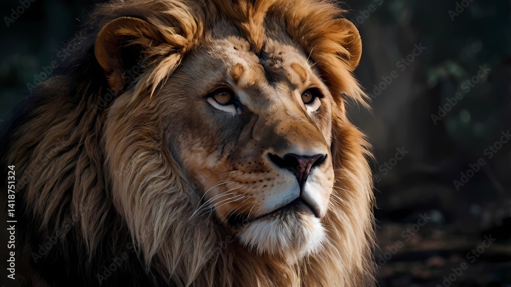 Fototapeta premium Close-up portrait of an adult lion.Majestic lion with impressive mane resting in dry savannah grass. Majestic lion with impressive mane showing powerful features and piercing gaze. African wildlife