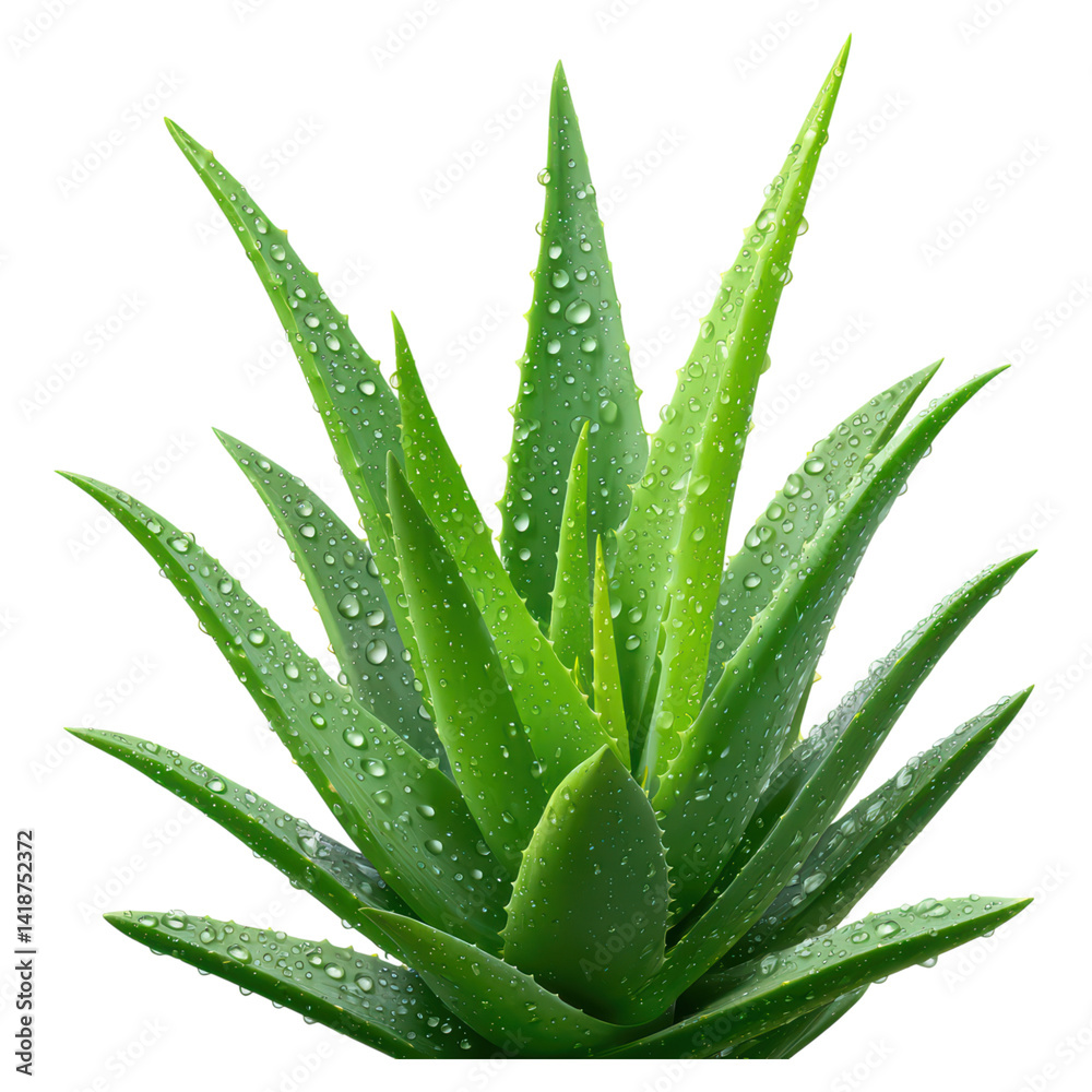 Fototapeta premium Fresh Aloe Vera Plant with Water Droplets on Green Leaves Close-Up, isolated on transparent background.