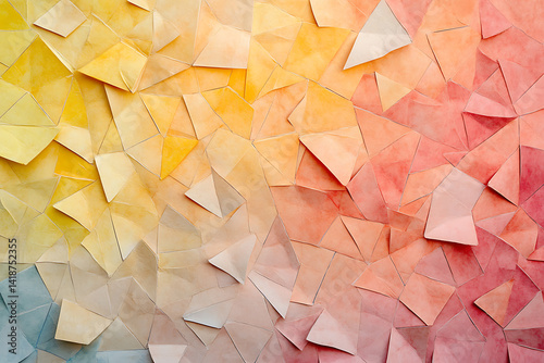 Vibrant abstract geometric background made of layered paper textures in a warm gradient from yellow to red. Artistic 3D effect and folded shapes create depth, perfect for creative and design projects.