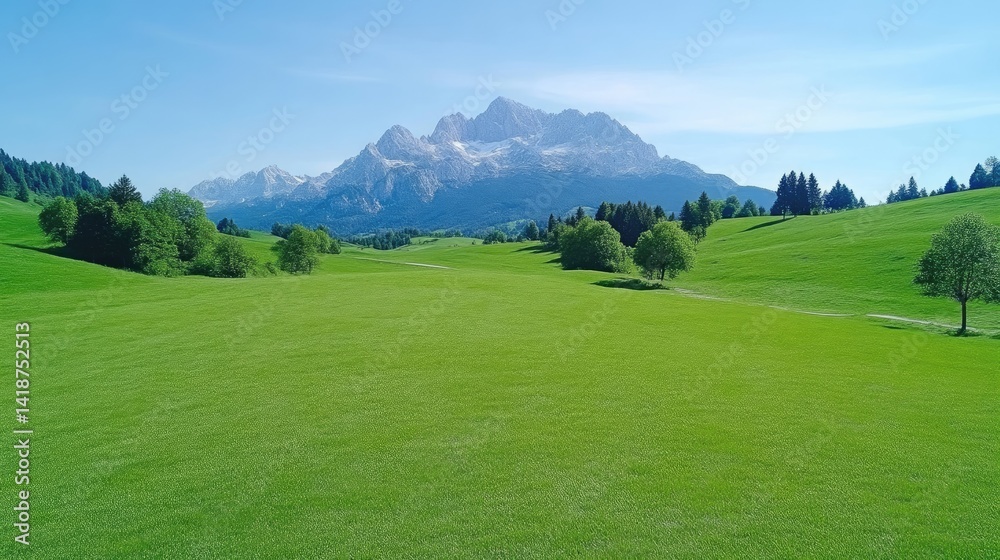 Lush green meadow stretches towards majestic mountains under a clear blue sky Lush green meadow stretches towards majestic mountains under a clear blue sky
