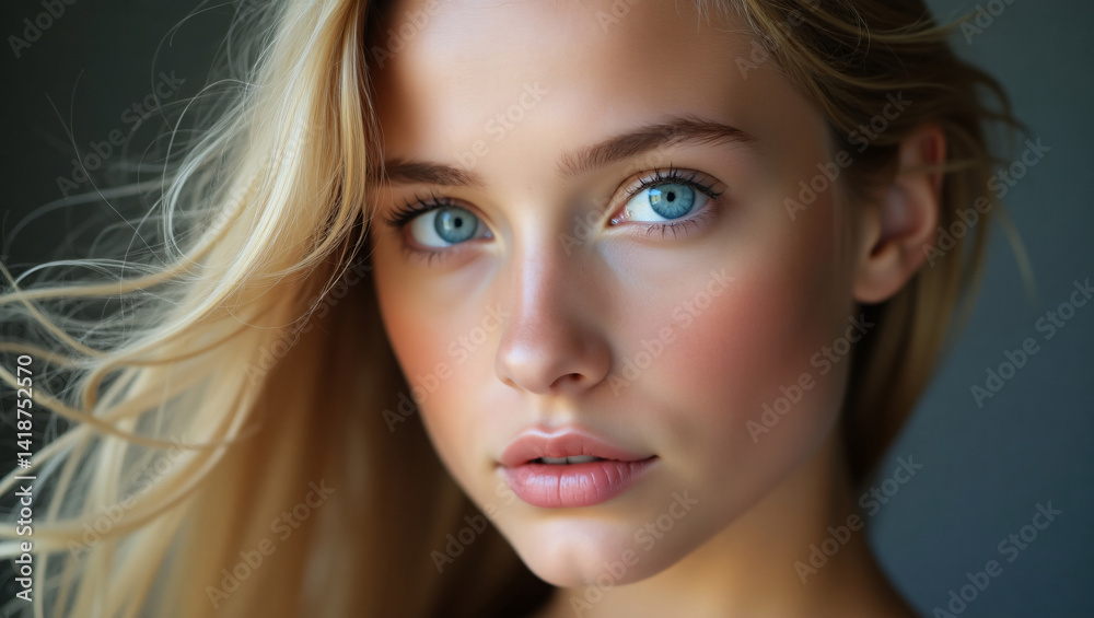 Captivating portrait of a young woman with striking blue eyes, natural beauty and flowing blonde hair Captivating portrait of a young woman with striking blue eyes, natural beauty and flowing blonde hair
