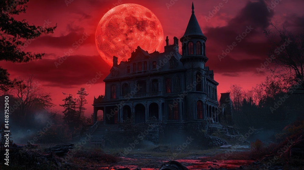 Obraz premium Haunted Mansion Under Blood Moon