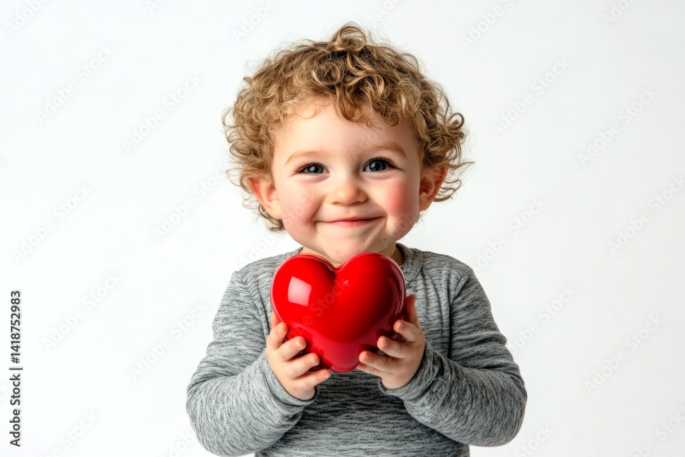 Cute Valentine's Day greeting.  Professional studio visual, copy space.  Isolated white toddler boy on pure white background with diamond heart in hands.