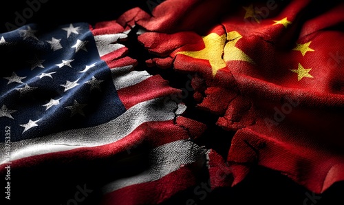 US-China Relations: Torn Flags Symbolize Escalating Tensions and Trade Wars in Global Politics—Impact on Diplomacy, Economy, and Future of International Cooperation