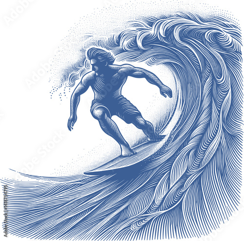 silhouette of the surfer on the ocean wave - guilloche style (artwork 1)