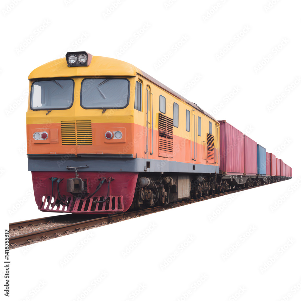 Obraz premium Freight Train on Tracks with Colorful Containers in Bright Daylight, isolated on transparent background.