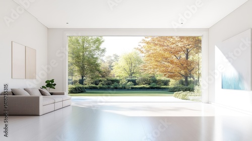 Modern Sofa with Plants Minimalist Style High-resolution natural light Wide shot view Neutral textures Serene relaxation Lush autumn garden backdrop Warm neutral tones Ideal for home design ads