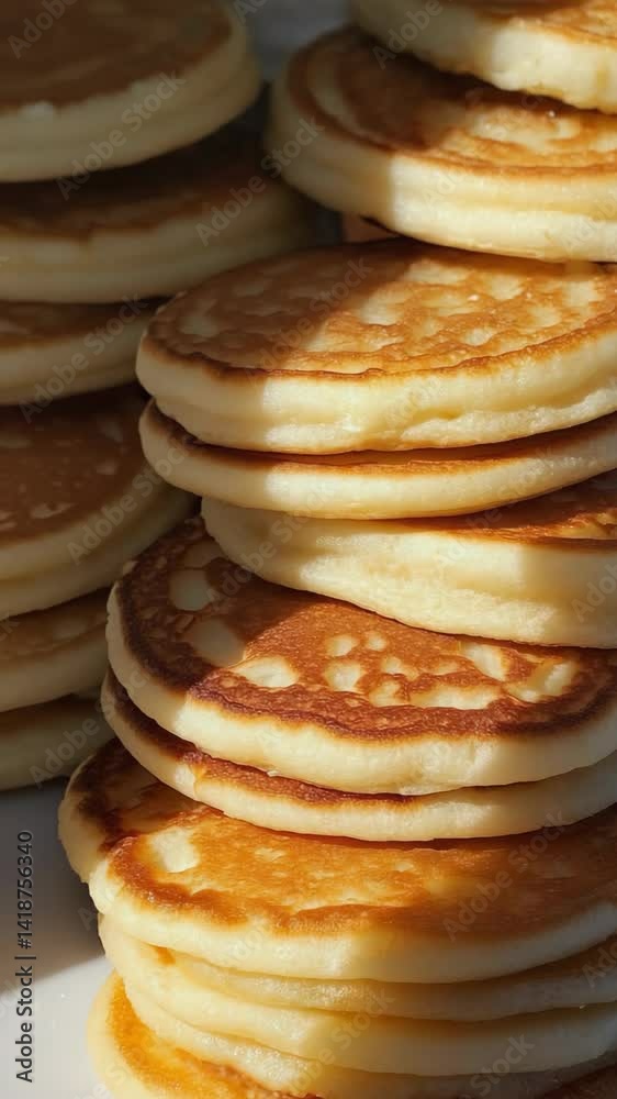 Stack of fluffy golden pancakes illuminated by sunlight, representing breakfast, comfort food, and homemade cuisine Stack of fluffy golden pancakes illuminated by sunlight, representing breakfast, comfort food, and homemade cuisine