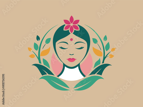 A vector illustration shows a beautiful woman with flowers in her hair, a floral design that brings out the glamour and spring beauty of her face