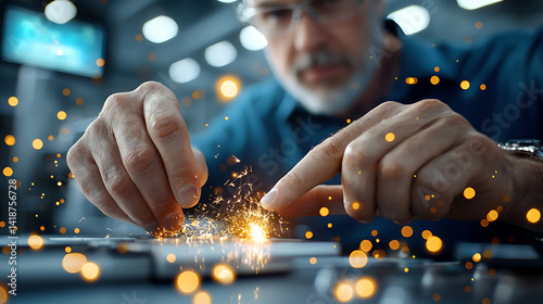 Operator in smart factory performing precision work industrial setting photography close-up view innovation in technology