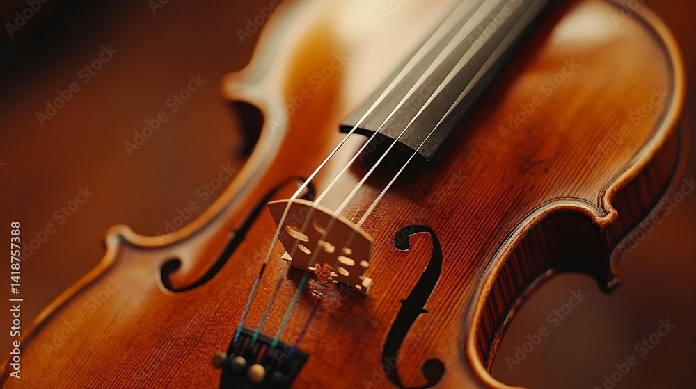 Close-up of a polished violin, showcasing its intricate details and rich, warm brown wood. Close-up of a polished violin, showcasing its intricate details and rich, warm brown wood.