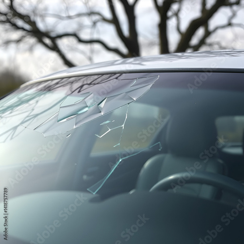 a broken windshield with a tree in the background