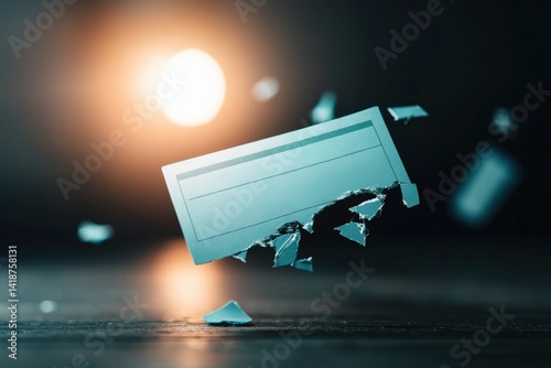 Torn ticket with floating fragments in a dark, illuminated space. Conceptual image for recession and lost opportunities. Dramatic and abstract light background.