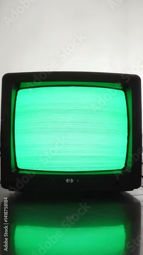Old black television set displaying a vivid green screen static indoors against a neutral background