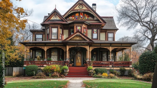 Wallpaper Mural A charming Victorian-style mansion with ornate woodwork, wraparound porches, and colorful stained glass windows. Torontodigital.ca