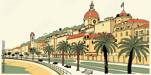Nice skyline silhouette vector with Promenade des Anglais, Château Hill, colorful rooftops, and palm-lined streets.
