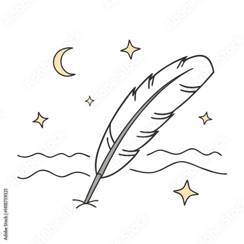 Glowing feather writing softly against moonlit waves  