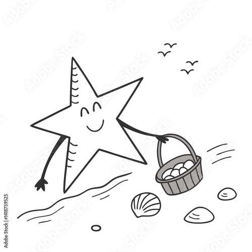 Cartoon starfish smiling while collecting shells on the beach  