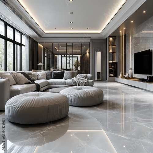 A spacious living room with modern furnishings and sleek design