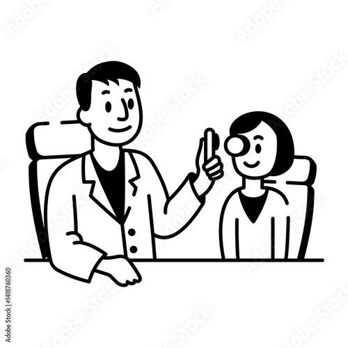 A doodle style icon of an optometrist checking his patient 
