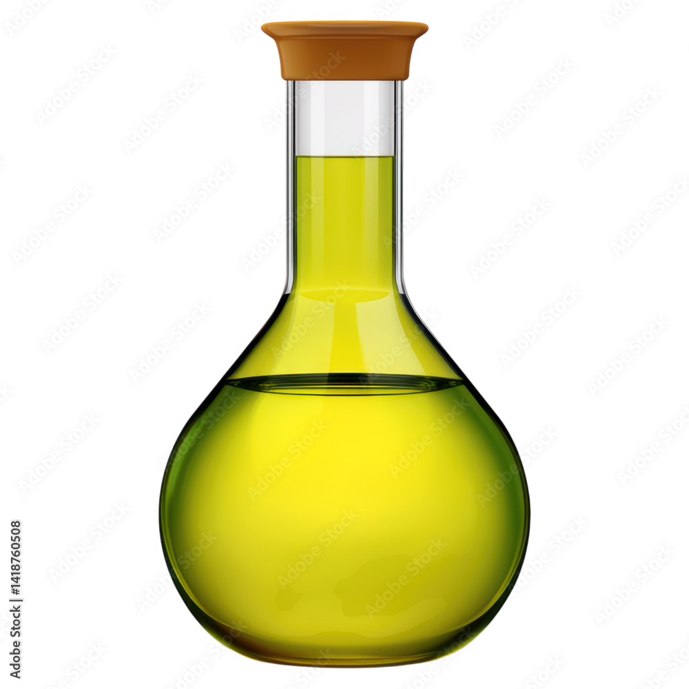 Bright Yellow Liquid in Laboratory Glass Flask with Orange Stopper, isolated on transparent background. Bright Yellow Liquid in Laboratory Glass Flask with Orange Stopper, isolated on transparent background.
