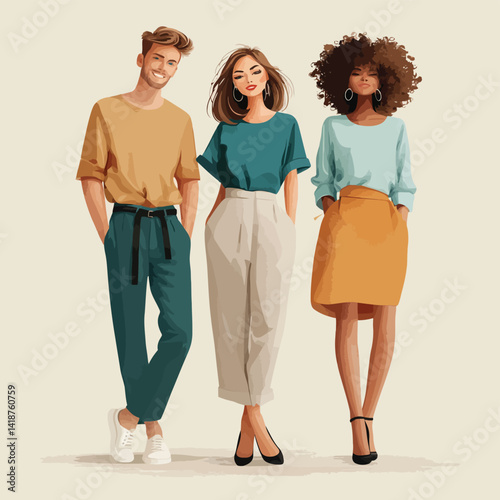  Set of young man and two women,  group of silhouettes of standing business people - mascot illustration design character vector