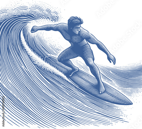 silhouette of the surfer on the ocean wave - guilloche style (artwork 2)