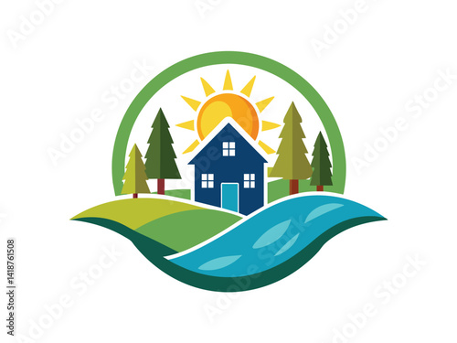 A vector illustration shows a cartoon house on a green hill under a blue sky, surrounded by trees in a rural landscape