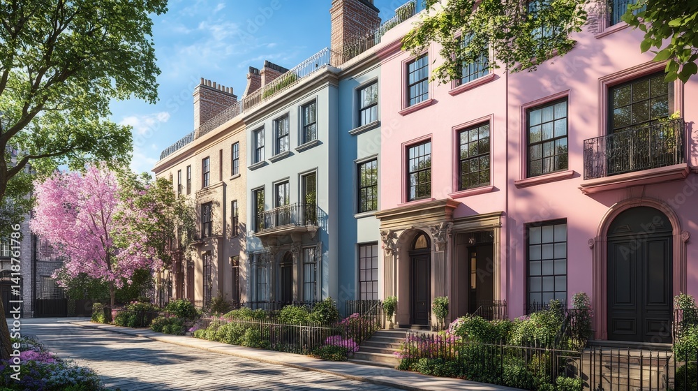Naklejka premium A classic English townhome from the Regency era, featuring pastel-colored facades and elegant detailing.